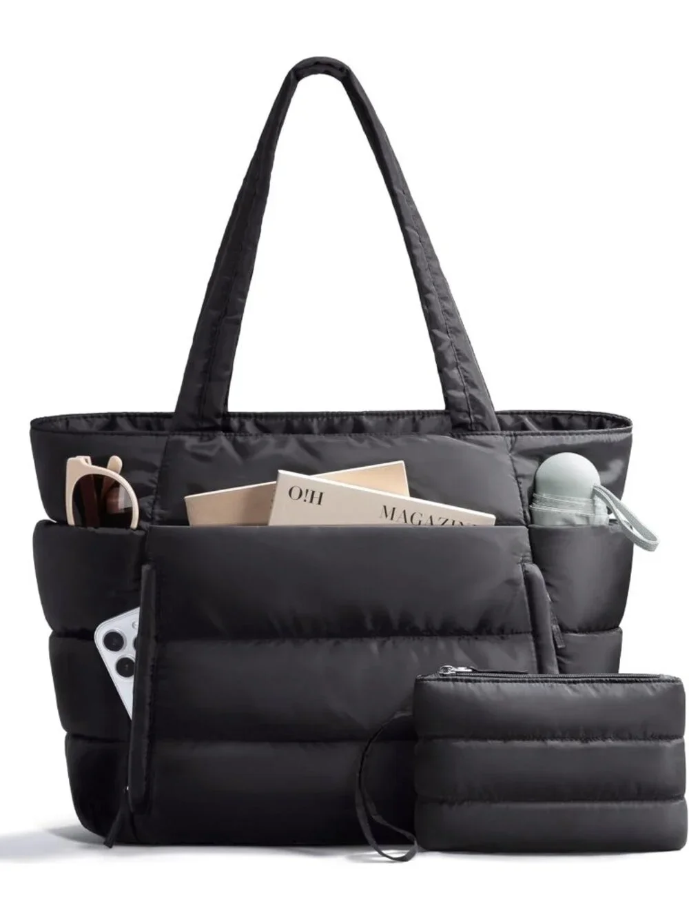 👜Women's Black Puffer Tote Bag 16 Pockets Work Gym Travel Laptop Handbag Purse